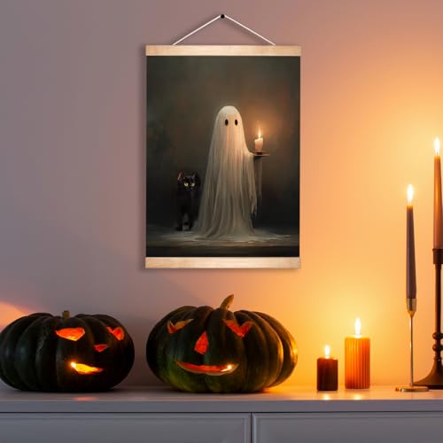 HEYJEEPER Halloween Ghost Holding Candle Linen Canvas Wall Art 18.5x14 Inch, Vintage Spooky Black Cat Gothic Wall Hanging Poster, Retro Haunted Night Decor for Living Room Bedroom Holiday Gift(BLK02) - color: BLK02