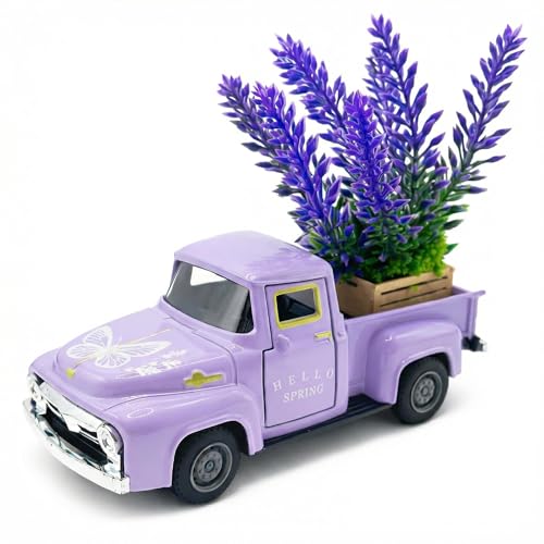 Purple Spring Truck Decor with Lavender Flowers, 5.7 Inch Metal Farm Pickup - color: Purple