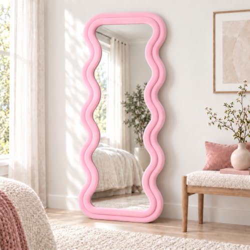 BOJOY Full Length Wavy Mirror, 63"x24", Arched Floor & Wall Mirror - Standing, Hanging or Leaning - Flannel Wrapped Wooden Frame - Pink - color: Pink