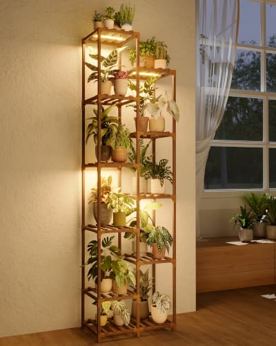 Bamworld Plant Stand with Grow Lights, 11 Tier Tall Large Wood Plant Shelf - color: Brown, size: 11 Tiers - Pro