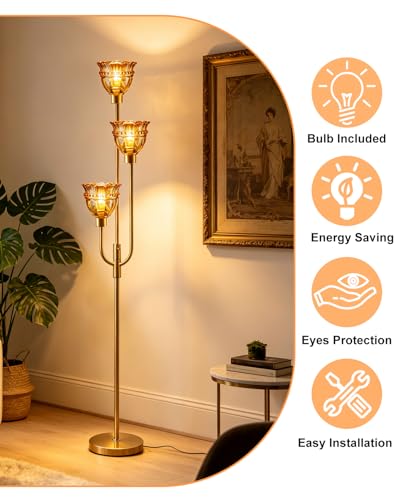 Amber Glass Floor Lamp 66IN 3-Light Modern Gold Dimmable Tree Floor Lamps - color: Amber Lace-Gold