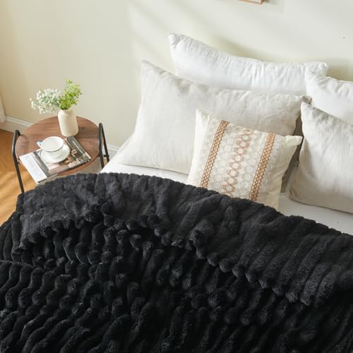 NEWCOSPLAY Fleece Ribbed Cozy Queen Blanket for Couch, Black, 90"x90" - color: Black Ribbed, size: Queen(90"x90")