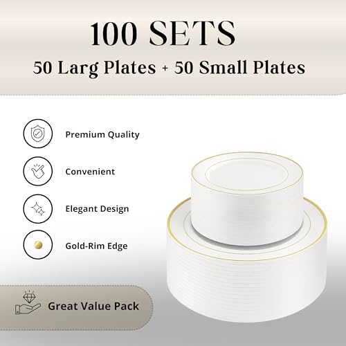 Neatiffy 100 Pcs Gold Rim Plastic Dinnerware Set (50 Guest) | 50 x Dinner Plate, 50 x Dessert Plate | BPA-Free | for Wedding, Luxurious Party, Special Event - color: White Gold Plate