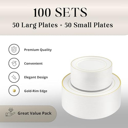 Neatiffy 100 Pcs Gold Rim Plastic Dinnerware Set (50 Guest) | 50 x Dinner Plate, 50 x Dessert Plate | BPA-Free | for Wedding, Luxurious Party, Special Event - color: White Gold Plate