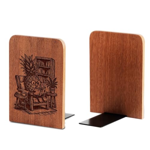 INNObeta Decorative Wooden Book Ends, Plant Bookends, Heavy Duty Bookends for Shelves Unique Design(1 Pair, 4.72x6.69 Inches) - PineappleReading - color: Pineapplereaading