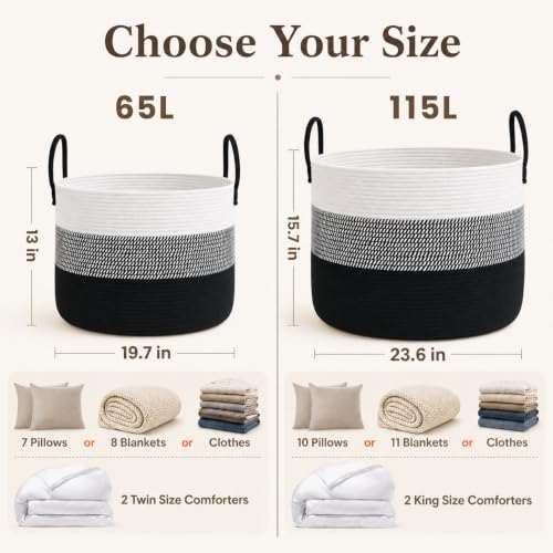 JMvicyroam 65L Extra Large Machine Washable Cotton Rope Blanket Basket - color: White&Black Mix, size: 65L