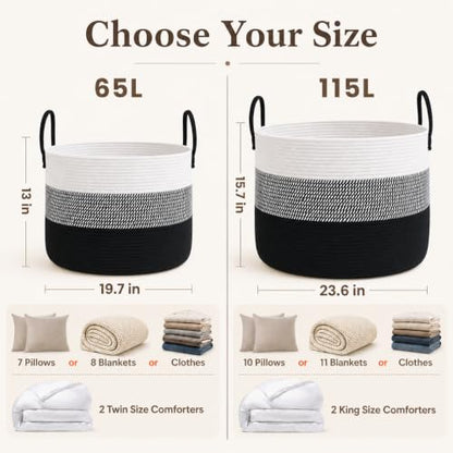 JMvicyroam 65L Extra Large Machine Washable Cotton Rope Blanket Basket - color: White&Black Mix, size: 65L