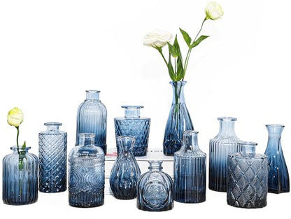 TBWIND 12Pcs Blue Glass Bud Vases Set, Small Vases for Flowers - color: Blue, size: 12Pcs