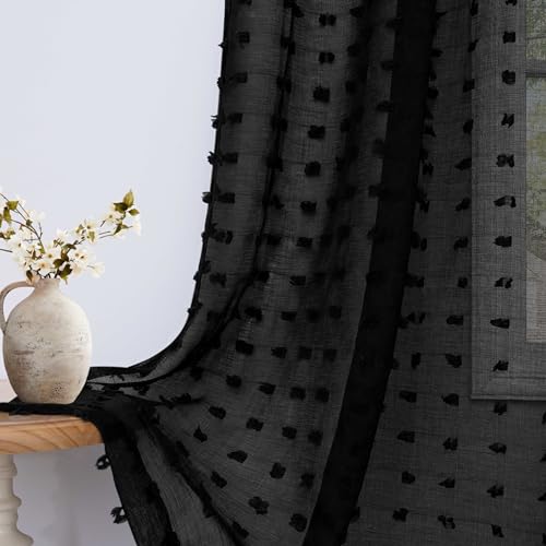 Black Sheer Curtains 84 Inches Long for Bedroom Living Dining Room Back Tab Pom Pom Semi Voile Curtains for Home Office Decor Modern Chic Fashion Elegant Window Treatment Panels W52 x L84 Set of 2 - color: Black, size: 52"W x 84"L (Pack of 2)