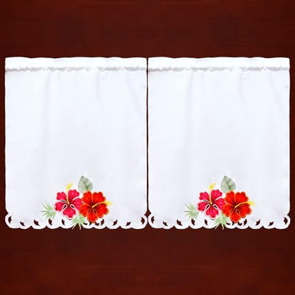 Simhomsen Embroidered Tropical Palm Leaves and Hibiscus Flower Kitchen Window Curtain Swag and Tiers Set for Hawaiian Luau Party, Paradise Jungle Beach Themed Party (Tropical) - color: Tropical