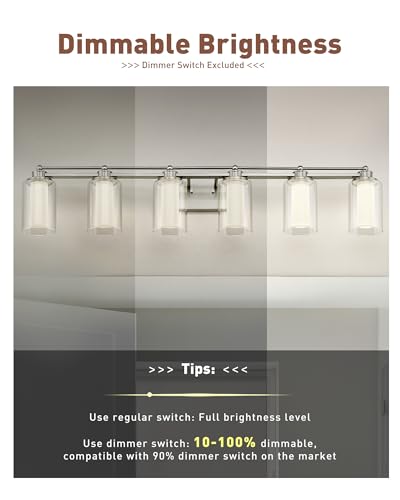 HWH 6-Light Bathroom Vanity Light, Clear Glass Shade, 5HLT63B-6W-LED BN - color: Brushed Nickel + LED, size: 6 Lights