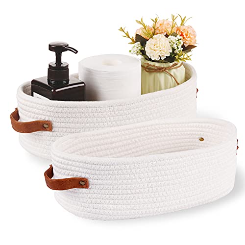 2 Pack Woven Storage Basket for Toilet Tank Top,Farmhouse Home Decor Organizing Baskets for Bathroom,Table and Counter 13"x5.9"x4" White - color: 2 pack White
