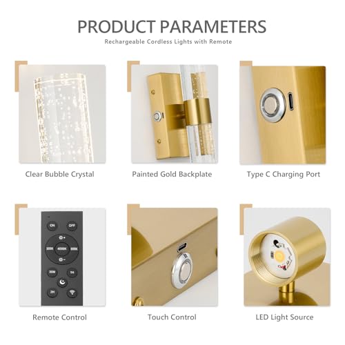 Battery Operated Wall Sconces Set of 2, 20000mAh Rechargeable Wall Light | Remote Control 3000K-6000K Dimmable LED Wireless Sconces,Gold,15.6 Inch - color: Gold, size: 15.6 Inch