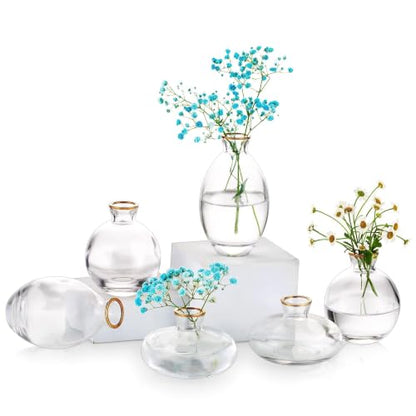 Glasseam Glass Bud Vase for Centerpieces, 6Pcs Clear Small Flower Vase Set - color: Gold Rim, size: 2 Sets