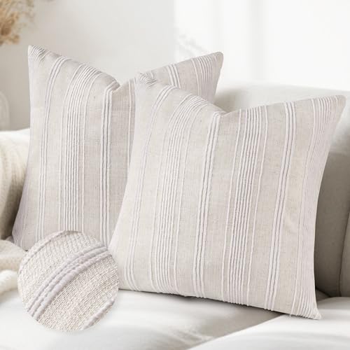 AELS 20x20 Decorative Farmhouse Linen Throw Pillow Covers, Beige with Creamy White Chenille Striped Pillow Case, Set of 2, Boho Textured Cushion Cover for Sofa Couch Living Room (Cover ONLY) - color: Beige With Creamy White, size: 20" x 20" (Pack of 2)