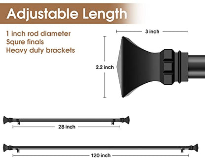Curtain Rods for Windows 66 to 120 inch with Square Finials, Easy Install Rust Proof Decorative Drapery Rods for Outdoor Patio Bedroom Living Room, 1 inch Diameter, Matte Black - size: 66"-120"