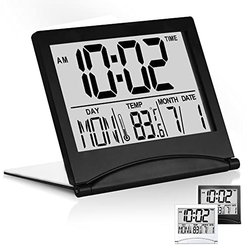 Betus Digital Travel Alarm Clock – Foldable Calendar, Temperature & Timer with Snooze – Large Number Display, Battery Operated – Compact Desk Clock for Home & Office (Black) - color: Black Pack of 1