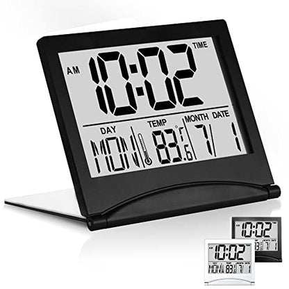 Betus Digital Travel Alarm Clock – Foldable Calendar, Temperature & Timer with Snooze – Large Number Display, Battery Operated – Compact Desk Clock for Home & Office (Black) - color: Black Pack of 1
