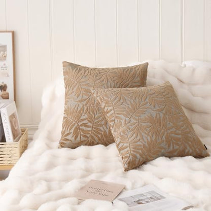 HPUK Leaf Pattern Throw Pillow Covers 18x18 Inch, Cut Velvet, Set of 2 - color: Leaves-brown