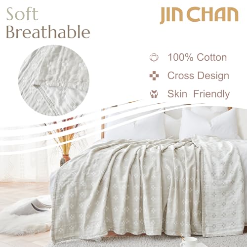 jinchan 100% Cotton Muslin Blanket Twin Boho Throw Blanket 60x80 Oatmeal - color: B. Cross Grey, size: 60"x80"