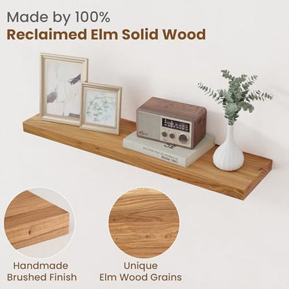 Floating Shelves for Wall, 8" Deep Elm Wood Shelves, 32in Set of 2, Natural - color: Natural, size: Flat Edge, 32inch, 2Packs
