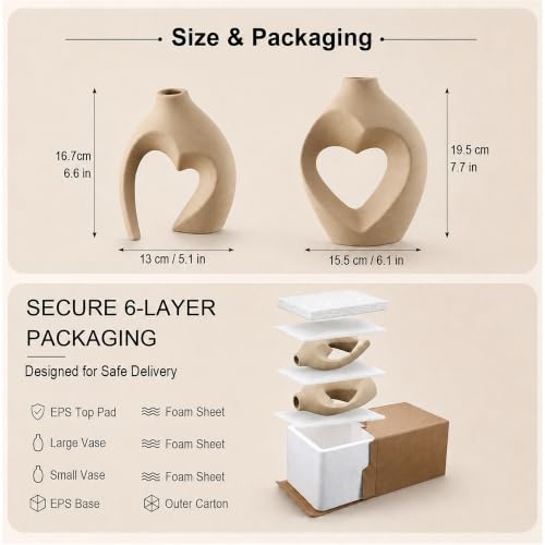 Ceramic Flower Vases Home Decor Heart Shaped Vase Set of 2 - color: Brown