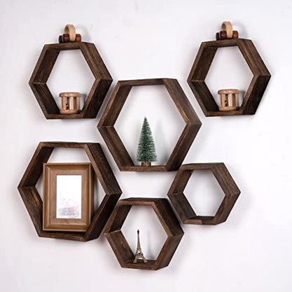 WONFUlity Hexagon Floating Shelves, Hexagonal Shelf Wall Mounted Storage - color: Brown, size: 6PC