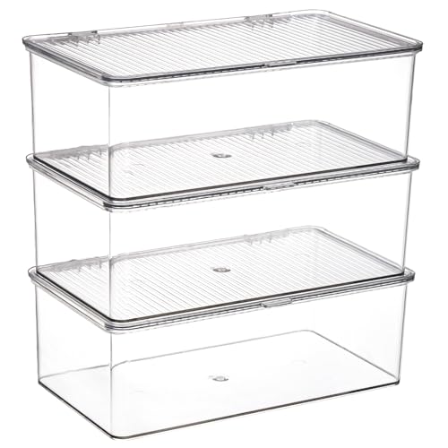 ZENFUN Set of 3 Small Stackable Storage Bins with Hinged Lid, Acrylic Organizer Box, Clear Makeup Organizer Box, Cosmetic Case for Home, Office - size: 10.8*6.8*3.7 inch