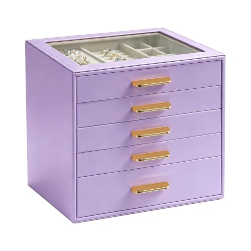 Homeanda Jewelry Boxes Organizer with Glass Lid, 5-Layer PU Leather, Purple - color: Lavender Purple, size: 5 Layer