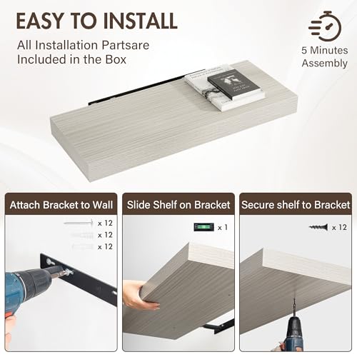Acovy 30 Inch Floating Shelves, 12" Deep Floating Shelf Wall Mounted, 30" Wall Shelves, Rustic Deep Bookshelf, Extra Deeper & Thicker Display Shelves for Bedroom, Living Room, Gray, Set of 2 - color: Grey, size: 12"Wx30"L-2pcs