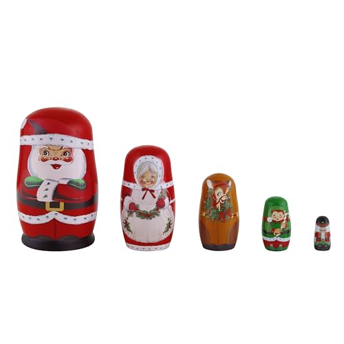 Mr. Christmas Set of 5 Nesting Wooden Christmas Figurines with Santa, Mrs. Claus, Reindeer, Elf, and Nutcracker, Hand Painted Holiday Decoration