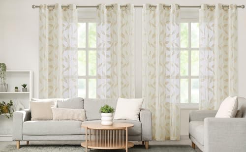 Bujasso Embroidered Leaf Sheer Curtains, Gold 38" Wx84 Lx2 - color: Gold, size: 38"W x 84"L (Pack of 2)