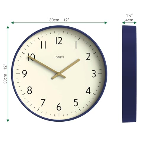 JONES CLOCKS® Studio Clock | Modern Round wall Clock | 12" | Navy Blue - color: Navy Blue
