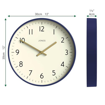 JONES CLOCKS® Studio Clock | Modern Round wall Clock | 12" | Navy Blue - color: Navy Blue