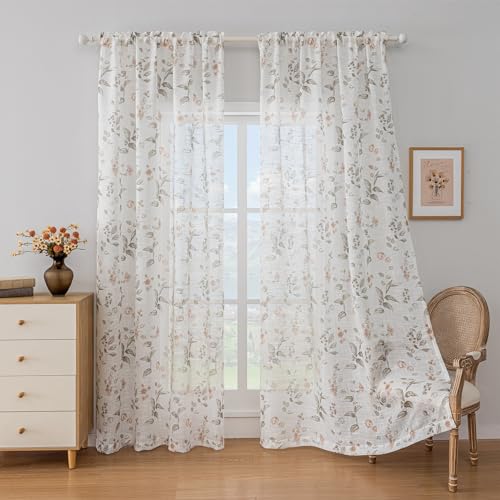 SUOUO Floral Semi Sheer Curtains Linen Textured 96 inches 2 Panels - color: Coffee-l, size: 52"W x 96"L (Pack of 2)