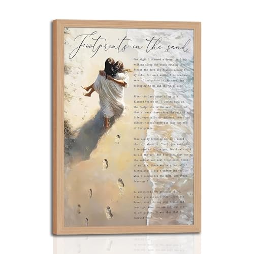 Framed Footprints in the Sand Canvas Wall Art Chrisitan Inspirational Painting Picture Jesus Hugging Woman on Beach Poster Prints for Christian Women Living Room Bedroom Wall Decor 16x24in - color: Jesus Beach, size: 16"L x 24"W