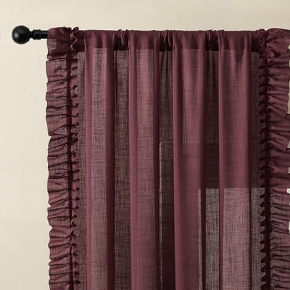 Burgundy Linen Curtains for Bedroom Ruffled Edges 58 x 63 Inch, 2 Panels - color: Burgundy, size: 58"W x 63"L (Pack of 2)