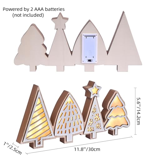 Christmas Tabletop Decorations, Lighted Wooden Christmas Tree Table Decor, Indoor Xmas Tree Block Sign with LED Lights, Farmhouse Winter Holiday Centerpiece for Mantel Shelf (White)