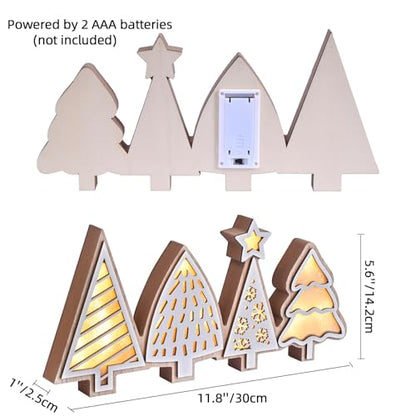 Christmas Tabletop Decorations, Lighted Wooden Christmas Tree Table Decor, Indoor Xmas Tree Block Sign with LED Lights, Farmhouse Winter Holiday Centerpiece for Mantel Shelf (White)