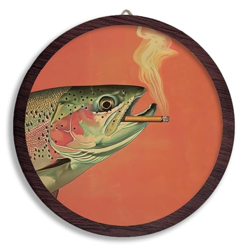 XDFVL Retro Fish Smoking Round Wall Art Decor, Modern Frame Hanging Wooden Prints, Rustic Whimsical Round Wall Art Decor for Living Room Bedroom Bathroom Bar, 10x10 Inch - color: smoking fish