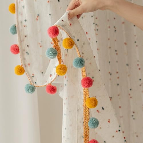 2 패널 무지개 리넨 시어 커튼, 다채로운 폼폼 포함 - color: 멀티 컬러, size: 55"W x 94"L (Pack of 2)