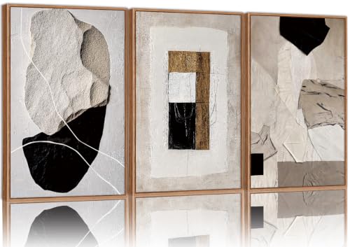 SIGNINART Boho Abstract Framed Canvas Wall Art Set, Minimalist Wabi sabi Wall Decor, Black and Beige Geometric Collage Artwork, Modern Neutral Art Paintings for Living room Office Bedroom 24"x36"x3 - color: Black and Beige Geometric, size: 36"L x 24"W