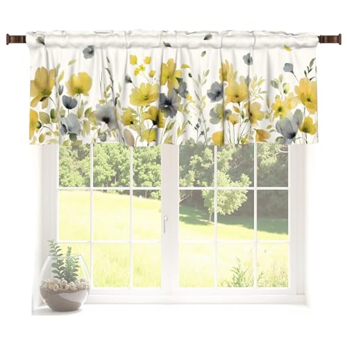 Giwawa Spring Floral Kitchen Valance, Watercolor Yellow Black Flower Short Curtains for Windows, Summer Floral Decoration Cafe Curtain, Thermal Insulated Room Darkening Short Curtain 54x18 Inch - color: Black Yellow Floral, size: 54"W x 18"L (Pack of 1)