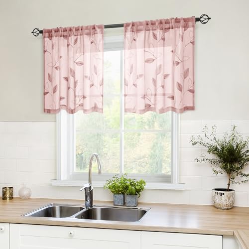 HOMEIDEAS Blush Pink Kitchen Curtains Leaf Embroidered, 30x24, 2 Panel - color: Blush Pink, size: 30"W x 24"L (Pack of 2)