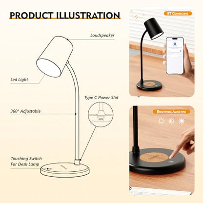 LED Desk Lamp with Speaker 3 Light Colors,Small Desk lamp - color: Black