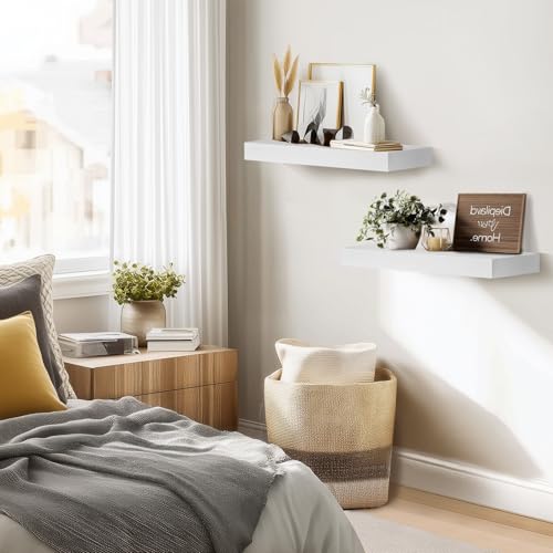 Solid Wood Floating Shelves, 17 Inch Wall Shelves, Set of 2, White - color: White, size: 17x8x1.6