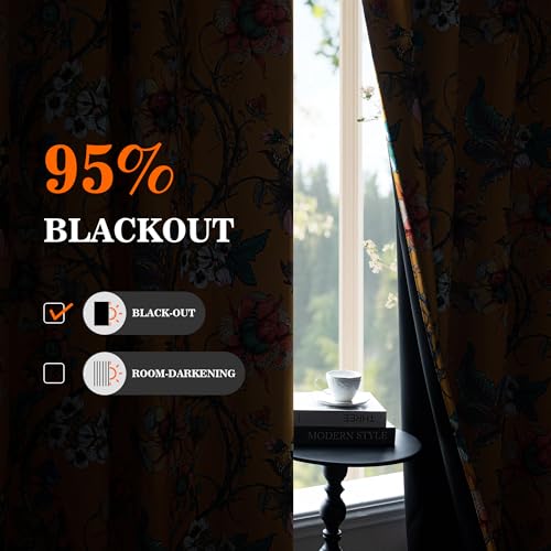 MYSKY HOME Yellow Floral 95% Blackout Curtains 84 Inches Long for Living Room Bedroom Thermal Insulated Light Blocking Noise Reducing Flower Printed Vintage Window Treatments Grommet, 2 Pcs, 52" Wide - color: Yellow, size: 52"W x 84"L (Pack of 2)