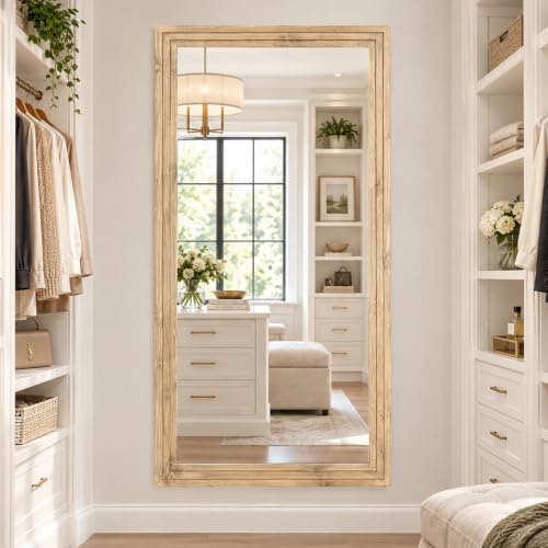 81x41in Full Length Mirror, 3-Tier Stepped Wood Frame, Light Brown - color: Light Brown, size: 81"L x 41"W