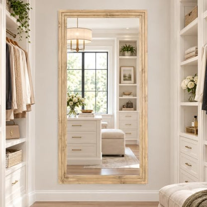 81x41in Full Length Mirror, 3-Tier Stepped Wood Frame, Light Brown - color: Light Brown, size: 81"L x 41"W