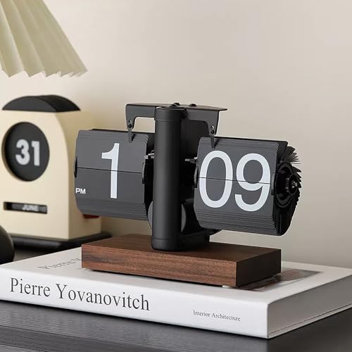 VBESTLIFE Retro Digital Flip Down Clock, Battery Powered Internal Gear Operated Clock, Classic Mechanical, Black Walnut Base, for Home & Office Decor(Black) - color: Black
